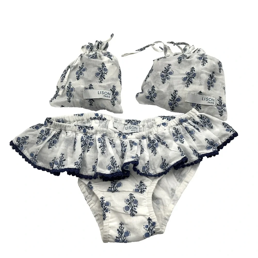 Lot of 3 Lison Paris Baby Bloomers 36M White Blue Cotton Ruffle NWT‎
